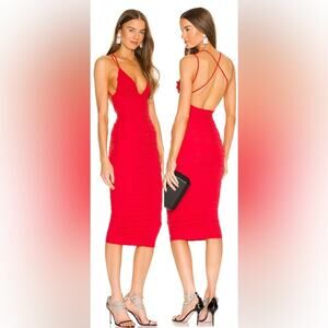 Michael Costello Red Ruched Bodycon Midi Dress with Crisscross Back